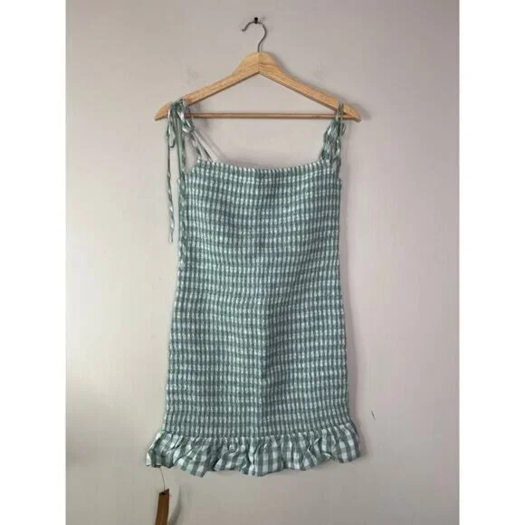 NWT Reformation Gemini Check Tie Strap Ruffle Hem Smocked Mini Dress Green